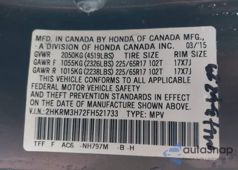 2015 Honda Cr-V Ex-L from USA, damaged, VIN 2HKRM3H72FH521733